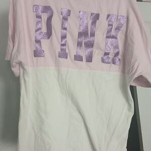 PINK Victoria's Secret Pastel Pink and White Off-Shoulder Sweater